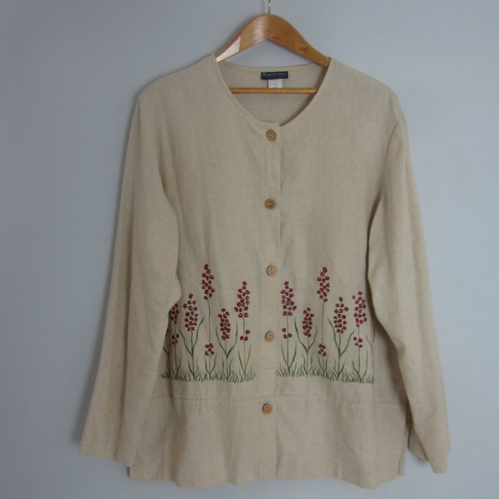 New Vtg Susan Gail Womens 16 Beige Floral LS Linen Cotton Tunic Shirt Cottage